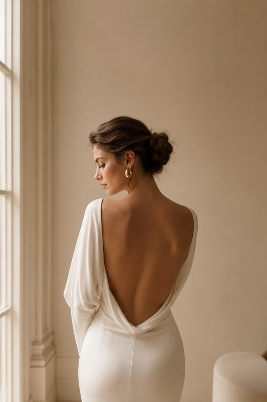 A woman wears a white dress without bra