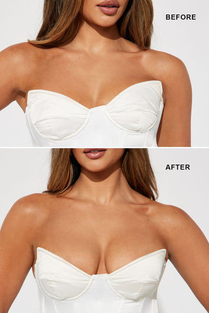 Fuller lifted shape with lift inserts worn under a strapless top