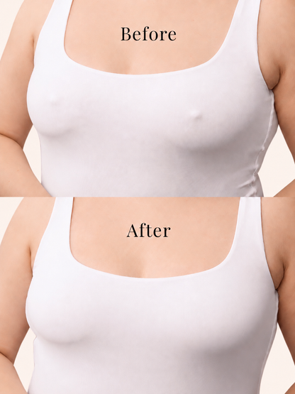 Before and after showing a smooth finish with nipple covers under a white tank top